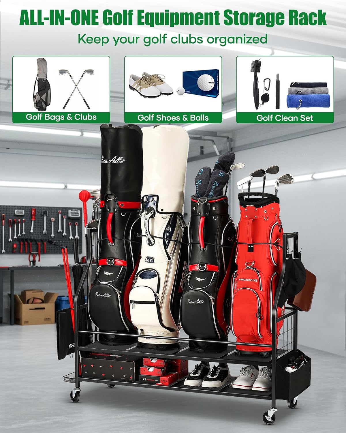 Golf Bag Storage Garage Organizer- Golf Bag Stand Fit for Golf Bags, Golf Clubs, Golf Balls, Golf Equipment Accessories, Golf Bag Storage Rack with Wheels for Garage