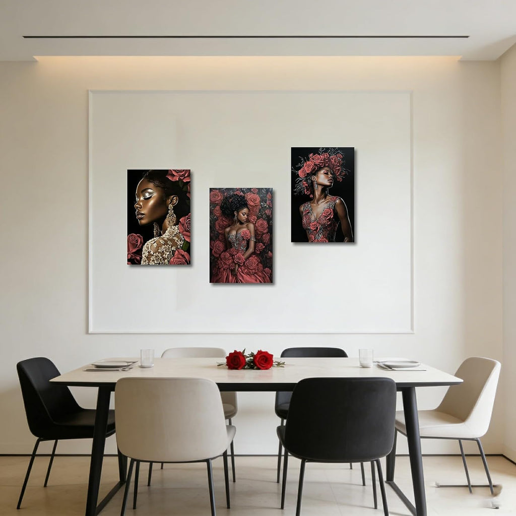 CHAOSETKEN 3 Pieces African American Wall Art Black Woman Flower Head Pictures Abstract Afro Girl & Rose Canvas Paintings Black Art Prints for Bedroom Decor Frame (Pink,24.00' x 36.00' x 3PCS)