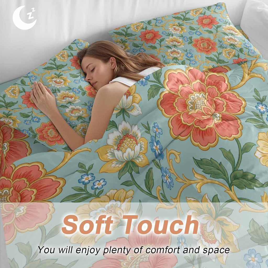 Embroidery Floral Duvet Cover Set Queen Size 4 Pieces Country Oriental Traditional Flower Red Teal Bedding Set with Zipper Closure, 1 Comforter Cover 92x106 Inches 1 Flat Sheet & 2 Pillow Cases