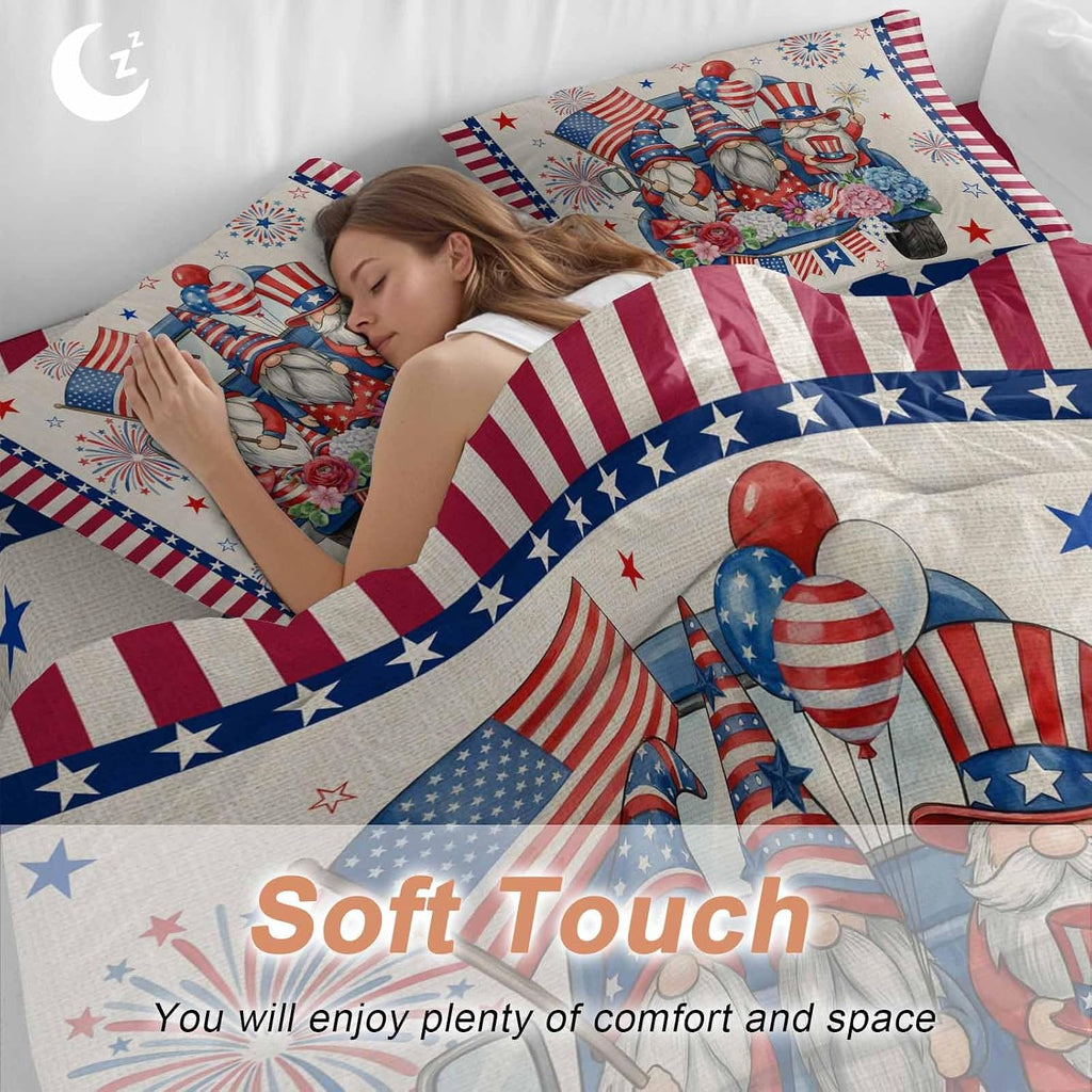 250th US Anniversary Duvet Cover Set Queen Size 4 Pieces Independence Day Gnomes Blue Truck Retro Bedding Set with Zipper Closure, 1 Comforter Cover 90x92 Inches 1 Flat Sheet & 2 Pillow Cases
