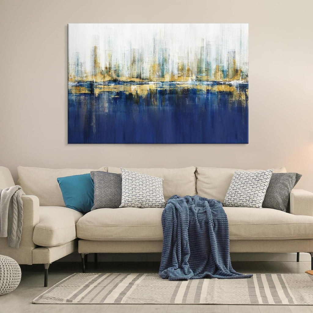 7Fisionart Indigo Blue and Gold Wall Art for Living Room Abstract Decor Canvas Paintings Cityscape Modern Skyline Large Size Pictures Framed Artwork Bedroom Office 48'x32'