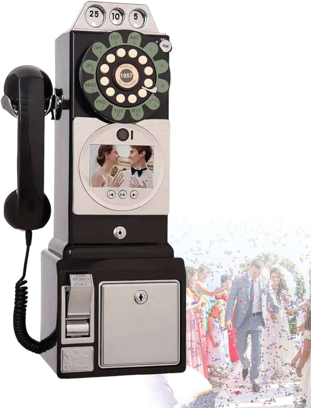 Wedding Video Guest Book, Audio Guest Book Wedding Phone, Retro Telephone Booth Style with HD Video Recording, 32GB Storage, Keepsake for Events(Black)