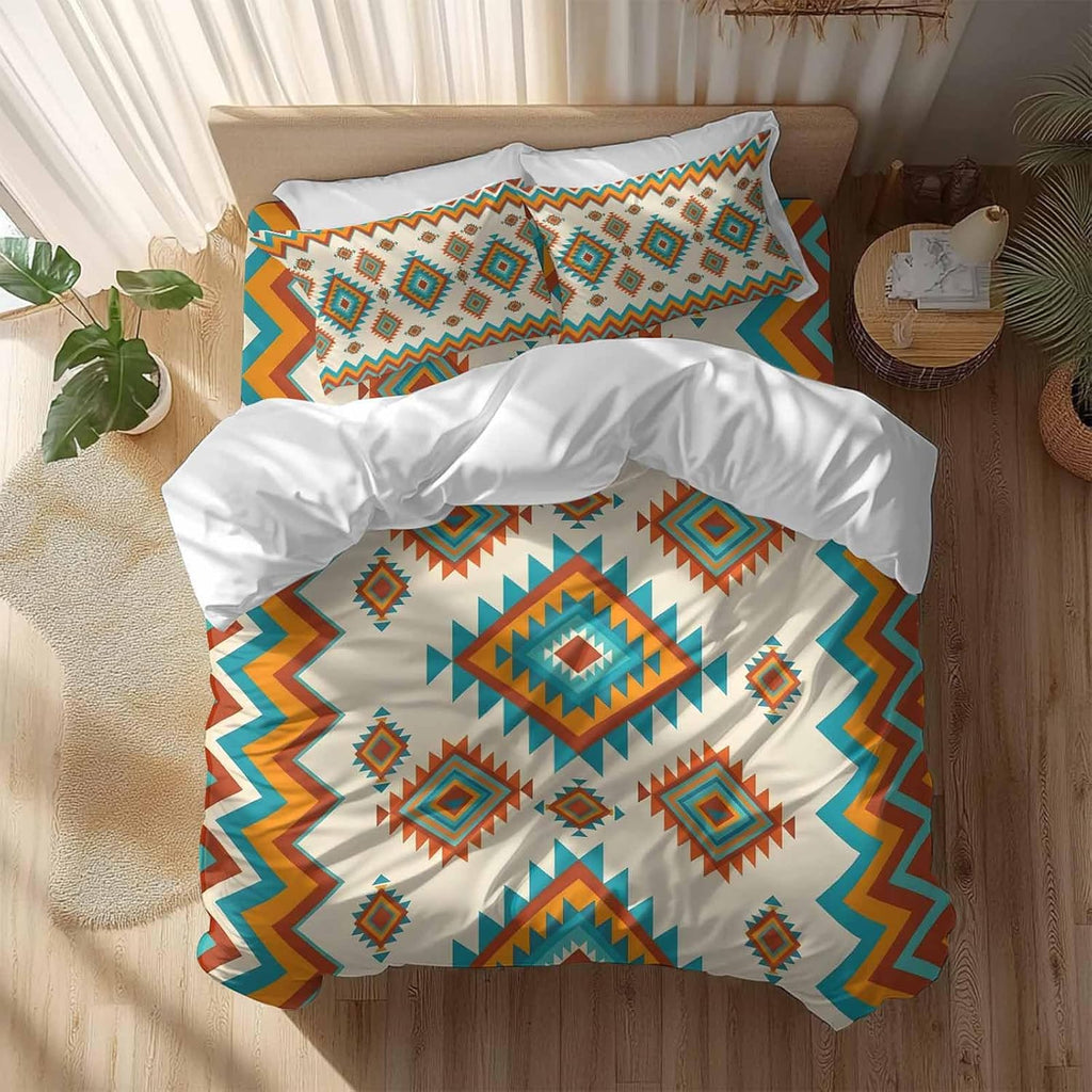 Bohemia Geometric Duvet Cover Set Queen Size 4 Pieces Western Teal Orange Beige Aztec Ethnic Bedding Set with Zipper Closure, 1 Comforter Cover 92x106 Inches 1 Flat Sheet & 2 Pillow Cases