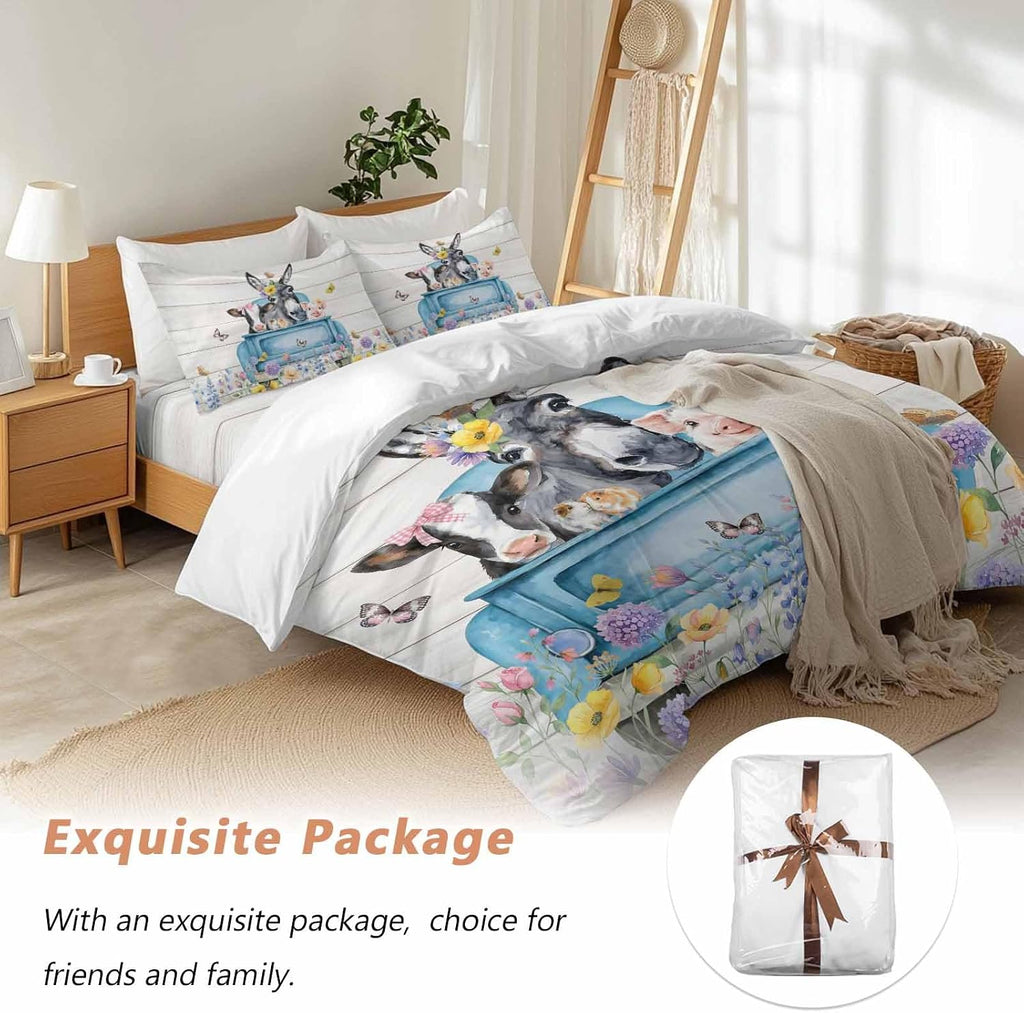 Farm Truck Animal Duvet Cover Set Queen Size 4 Pieces Donkeys Cows Pigs Wildflowers Wood Pattern Bedding Set with Zipper Closure, 1 Comforter Cover 92x106 Inches 1 Flat Sheet & 2 Pillow Cases