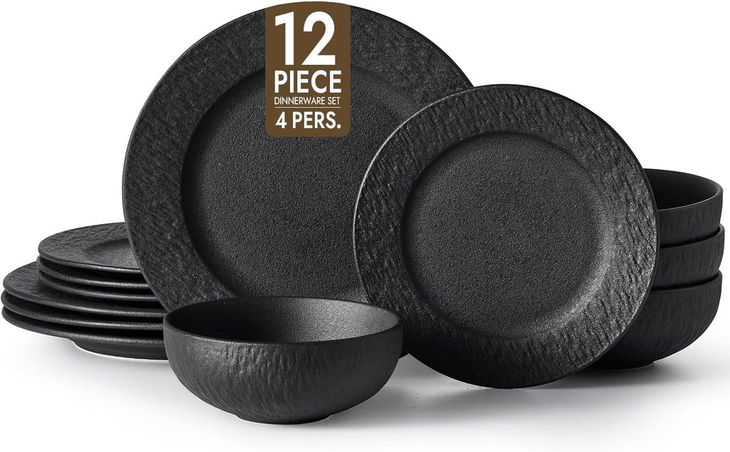 KINGSTONE Black Dinnerware Sets, 12-Piece Matte Marble Pattern Premium Porcelain, Place Setting with Dinner Plate, Salad Plate, Pasta Bowl, Microwave and Dishwasher Safe