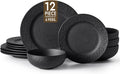 KINGSTONE Black Dinnerware Sets, 12-Piece Matte Marble Pattern Premium Porcelain, Place Setting with Dinner Plate, Salad Plate, Pasta Bowl, Microwave and Dishwasher Safe