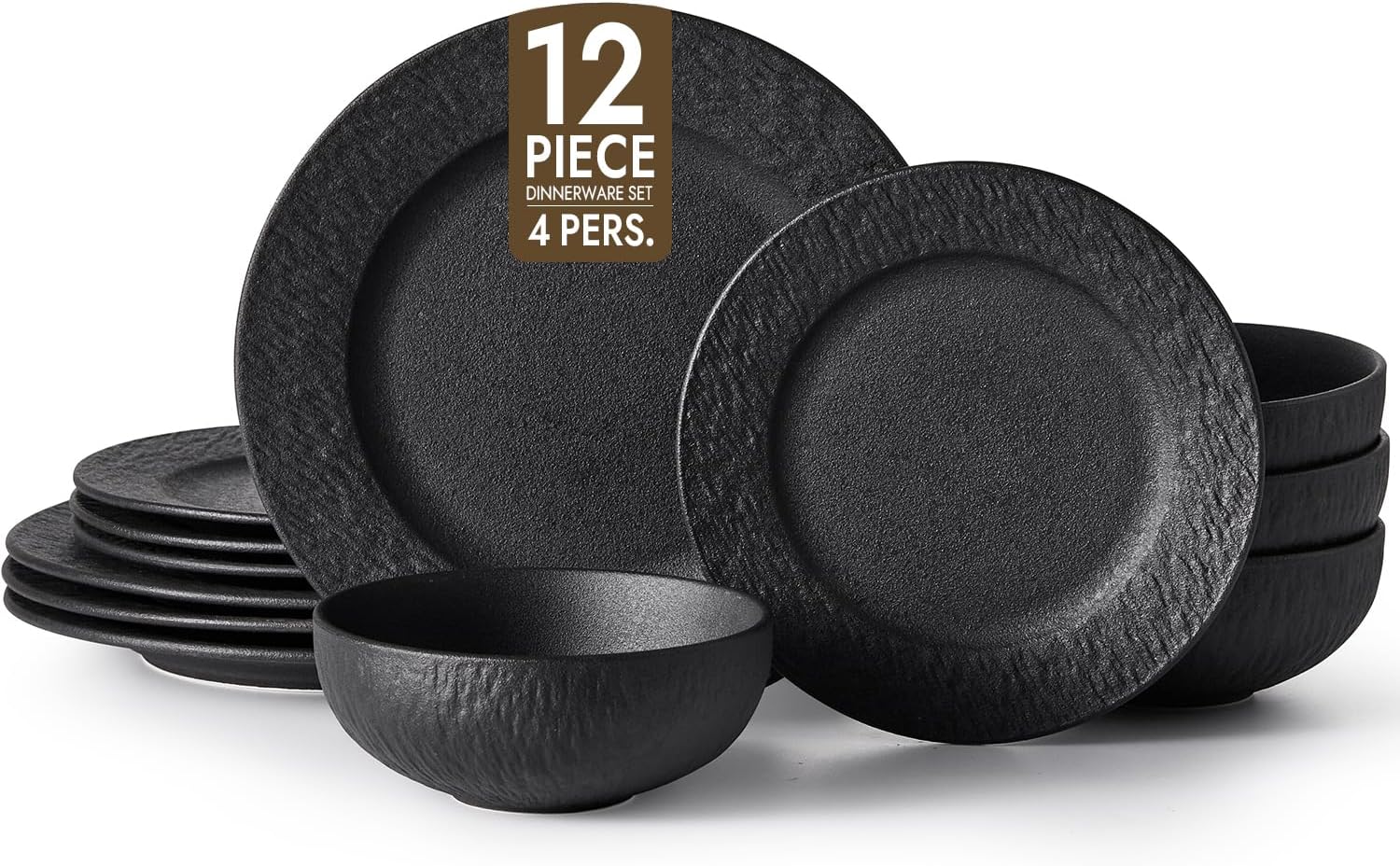 KINGSTONE Black Dinnerware Sets, 12-Piece Matte Marble Pattern Premium Porcelain, Place Setting with Dinner Plate, Salad Plate, Pasta Bowl, Microwave and Dishwasher Safe