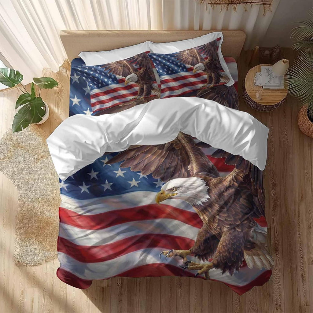 Independence Day Duvet Cover Set Queen Size 4 Pieces Watercolor U. S. Flag Soaring Bald Eagle Bedding Set with Zipper Closure, 1 Comforter Cover 86x86 Inches 1 Flat Sheet & 2 Pillow Cases