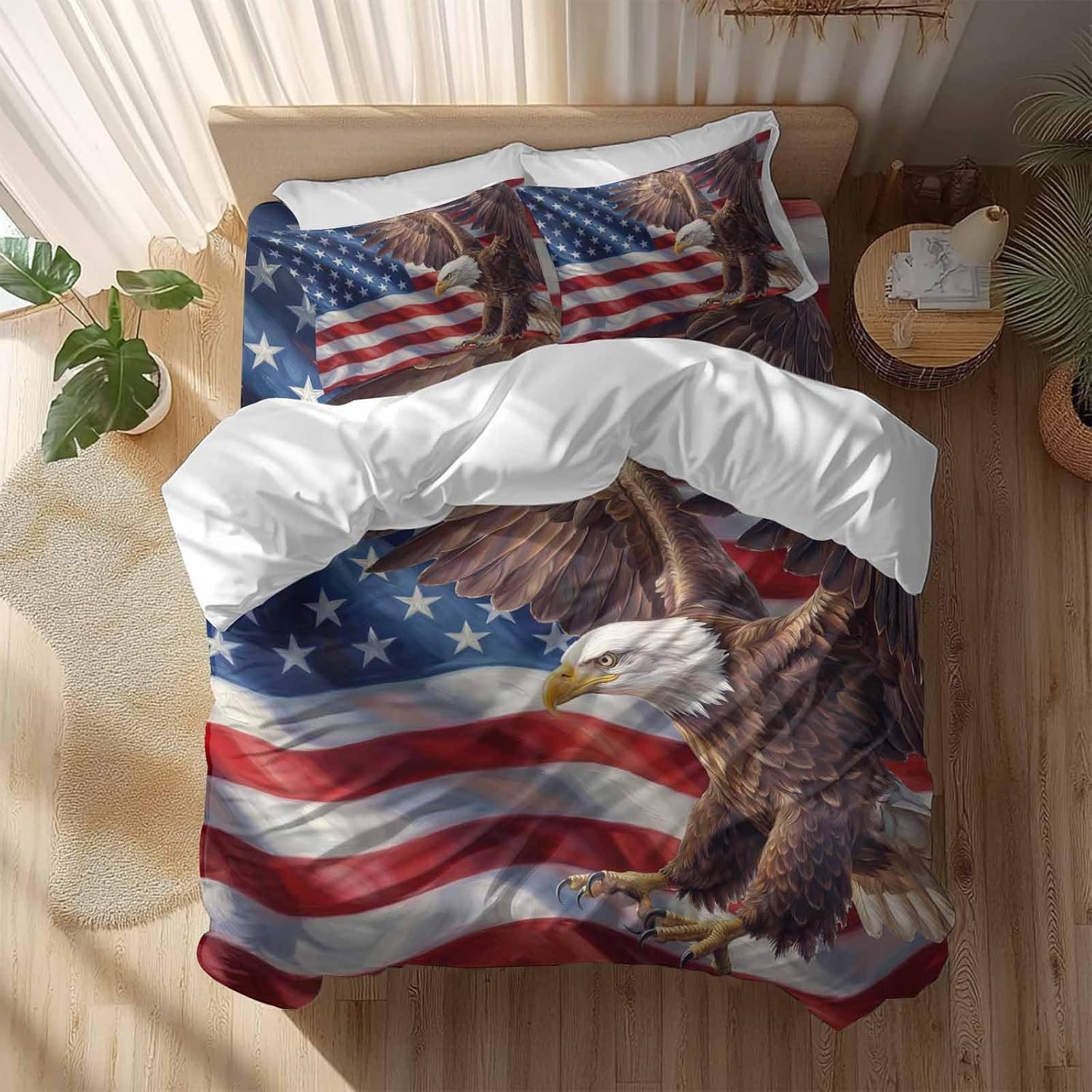 Independence Day Duvet Cover Set Queen Size 4 Pieces Watercolor U. S. Flag Soaring Bald Eagle Bedding Set with Zipper Closure, 1 Comforter Cover 86x86 Inches 1 Flat Sheet & 2 Pillow Cases