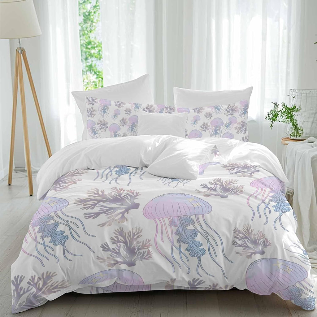 Prime Leader Jellyfish Coral Duvet Cover Set Queen Size 4 Pieces Dreamy Pink Purple Ocean Coastal Bedding Set with Zipper Closure, 1 Comforter Cover 86x86 Inches 1 Flat Sheet & 2 Pillow Cases