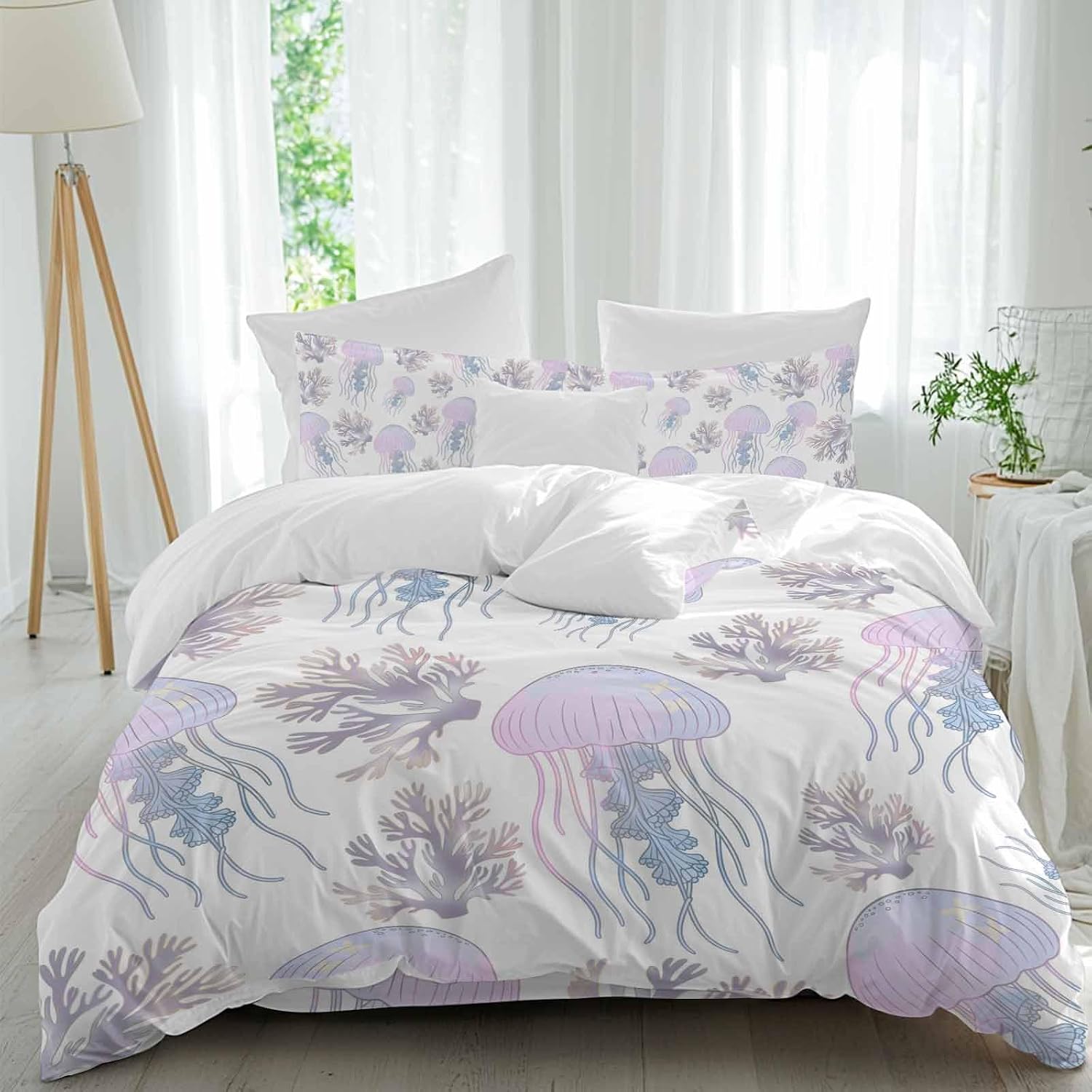 Prime Leader Jellyfish Coral Duvet Cover Set Queen Size 4 Pieces Dreamy Pink Purple Ocean Coastal Bedding Set with Zipper Closure, 1 Comforter Cover 86x86 Inches 1 Flat Sheet & 2 Pillow Cases
