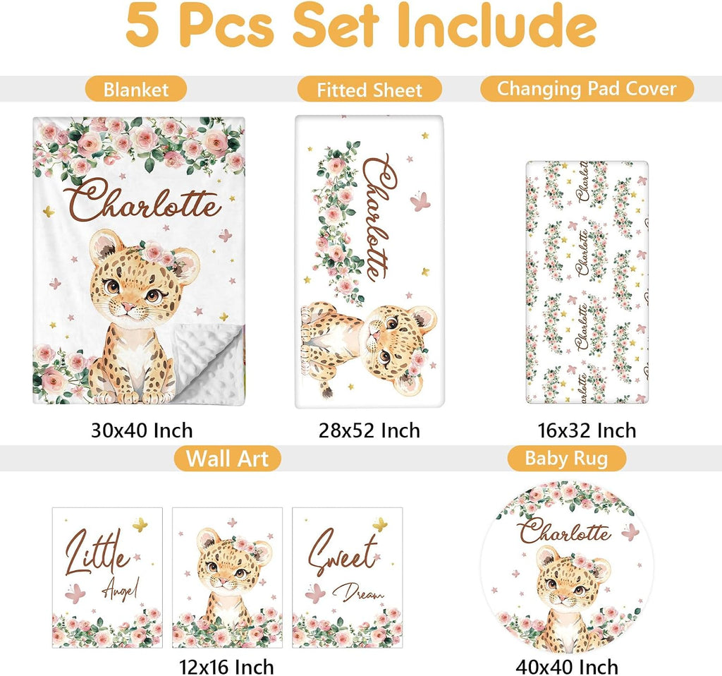 Terwex Custom Baby Crib Bedding Set, 5 Pcs Personalized Name Baby Crib Sets for Infant Toddler, Floral Leopard Nursery Bedding Set for Baby Girls, Double Layer Baby Bedding Sets Customized Gifts