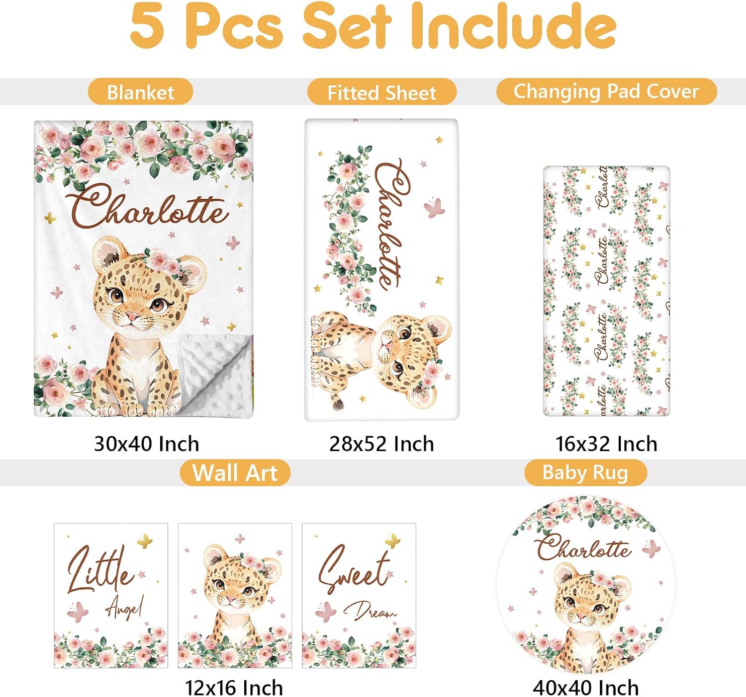 Terwex Custom Baby Crib Bedding Set, 5 Pcs Personalized Name Baby Crib Sets for Infant Toddler, Floral Leopard Nursery Bedding Set for Baby Girls, Double Layer Baby Bedding Sets Customized Gifts