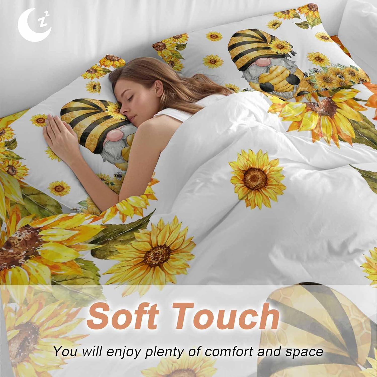 Summer Floral Duvet Cover Set Queen Size 4 Pieces Watercolor Sunflower Cartoon Gnome Farm Bee Bedding Set with Zipper Closure, 1 Comforter Cover 86x86 Inches 1 Flat Sheet & 2 Pillow Cases