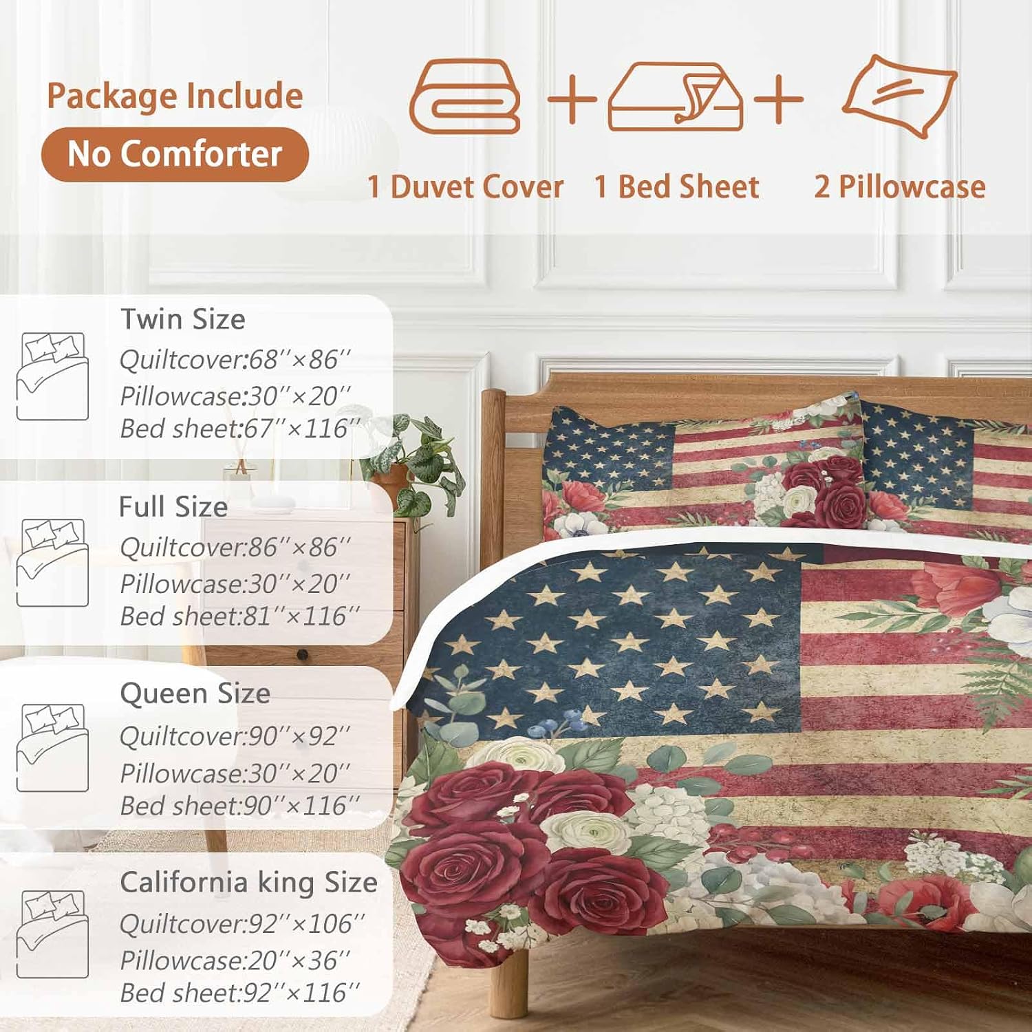 4th of July Duvet Cover Set Queen Size 4 Pieces Patriotic USA Flag Stars Red Flowers Leaf Rustic Bedding Set with Zipper Closure, 1 Comforter Cover 90x92 Inches 1 Flat Sheet & 2 Pillow Cases