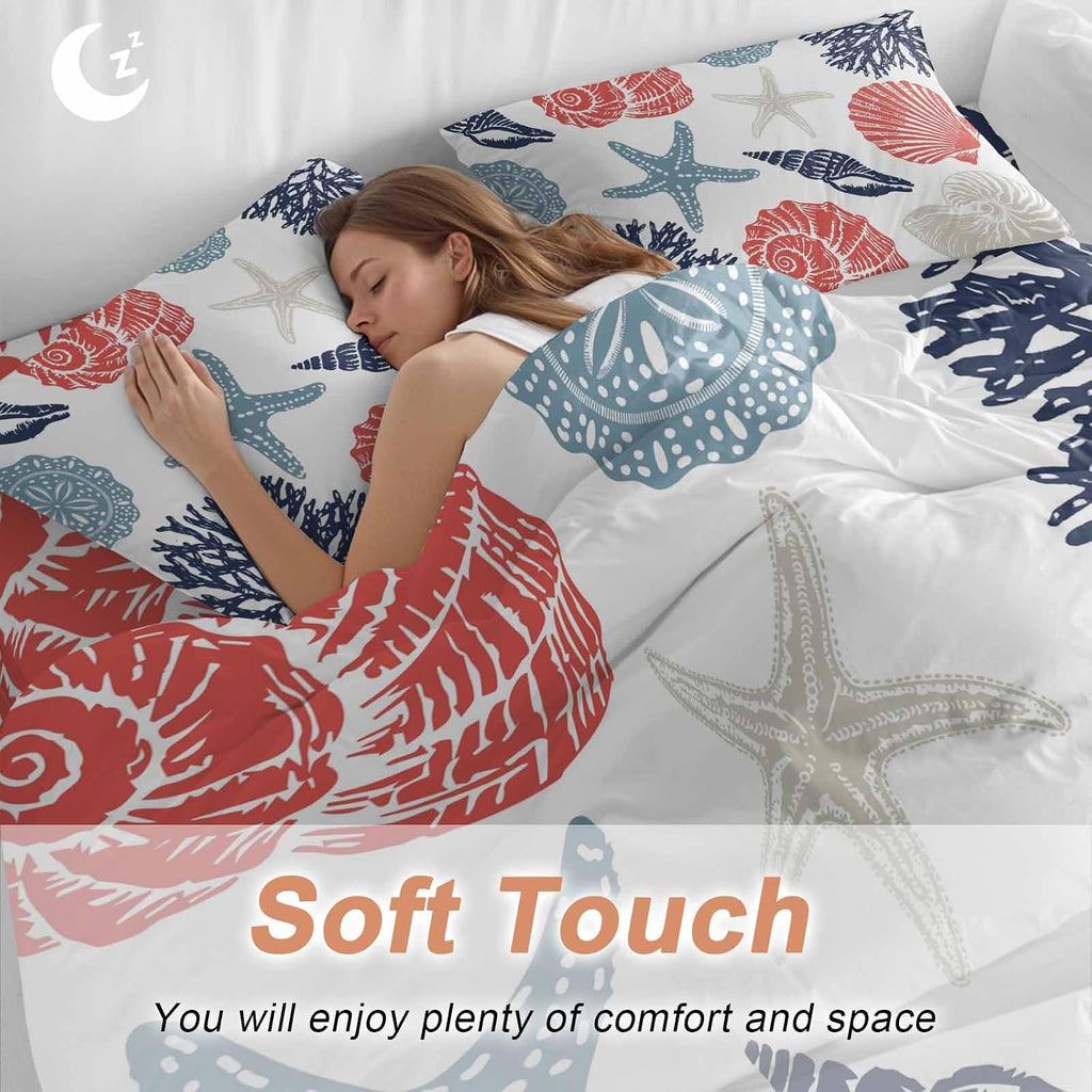 Summer Marine Life Duvet Cover Set Queen Size 4 Pieces Graffiti Red Corals Shell Conch Blue Starfish Bedding Set with Zipper Closure, 1 Comforter Cover 90x92 Inches 1 Flat Sheet & 2 Pillow Cases
