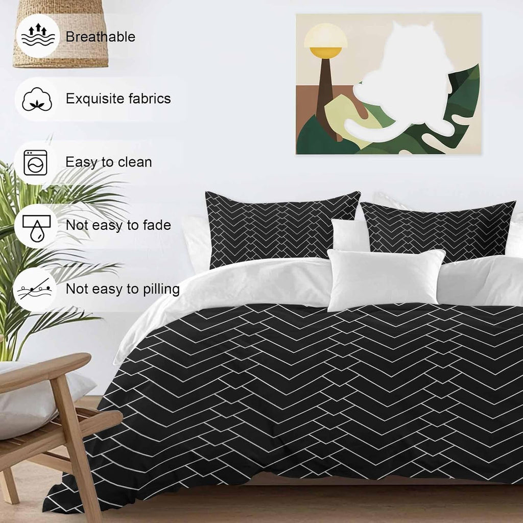 Prime Leader Abstract Line Duvet Cover Set Queen Size 4 Pieces Herringbone Black White Modern Simple Bedding Set with Zipper Closure, 1 Comforter Cover 90x92 Inches 1 Flat Sheet & 2 Pillow Cases
