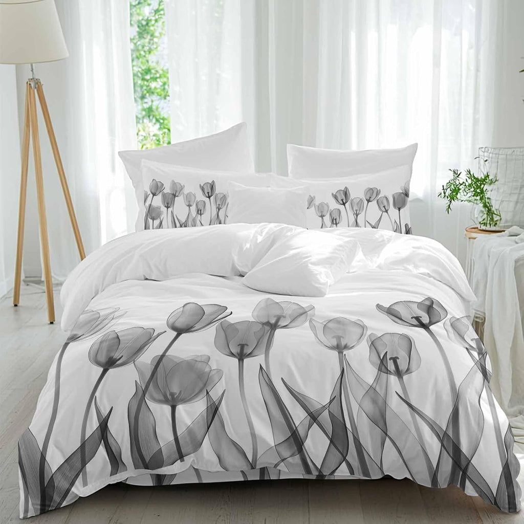 Prime Leader Spring Floral Duvet Cover Set Queen Size 4 Pieces Watercolor Black Tulip Flowers Pattern Bedding Set with Zipper Closure, 1 Comforter Cover 92x106 Inches 1 Flat Sheet & 2 Pillow Cases