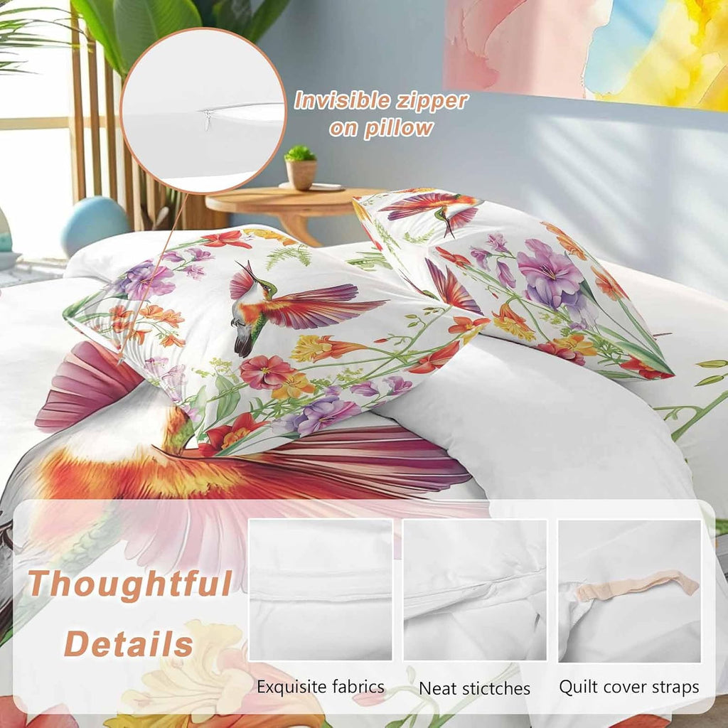 Prime Leader Retro Duvet Cover Set Queen Size 4 Pieces Hummingbird Wildflowers Pastoral Spring Scenery Bedding Set with Zipper Closure, 1 Comforter Cover 90x92 Inches 1 Flat Sheet & 2 Pillow Cases