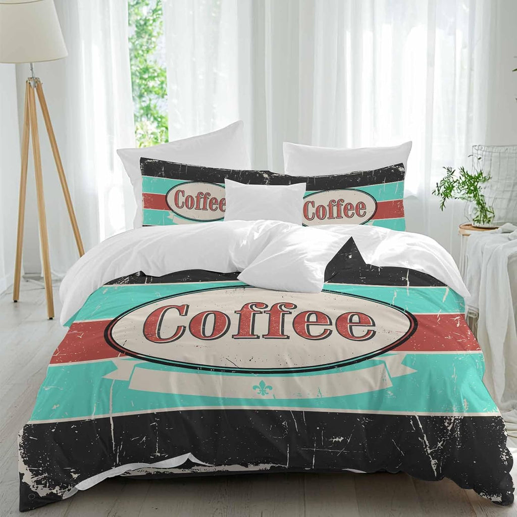Coffee Duvet Cover Set Queen Size 4 Pieces Shabby Chic Blue Red Stripes Letter Print Casual Vintage Bedding Set with Zipper Closure, 1 Comforter Cover 90x92 Inches 1 Flat Sheet & 2 Pillow Cases
