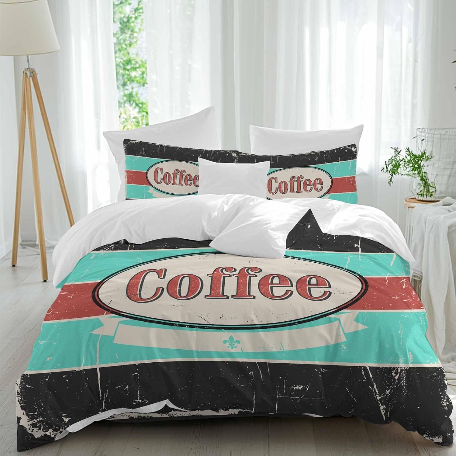 Coffee Duvet Cover Set Queen Size 4 Pieces Shabby Chic Blue Red Stripes Letter Print Casual Vintage Bedding Set with Zipper Closure, 1 Comforter Cover 90x92 Inches 1 Flat Sheet & 2 Pillow Cases