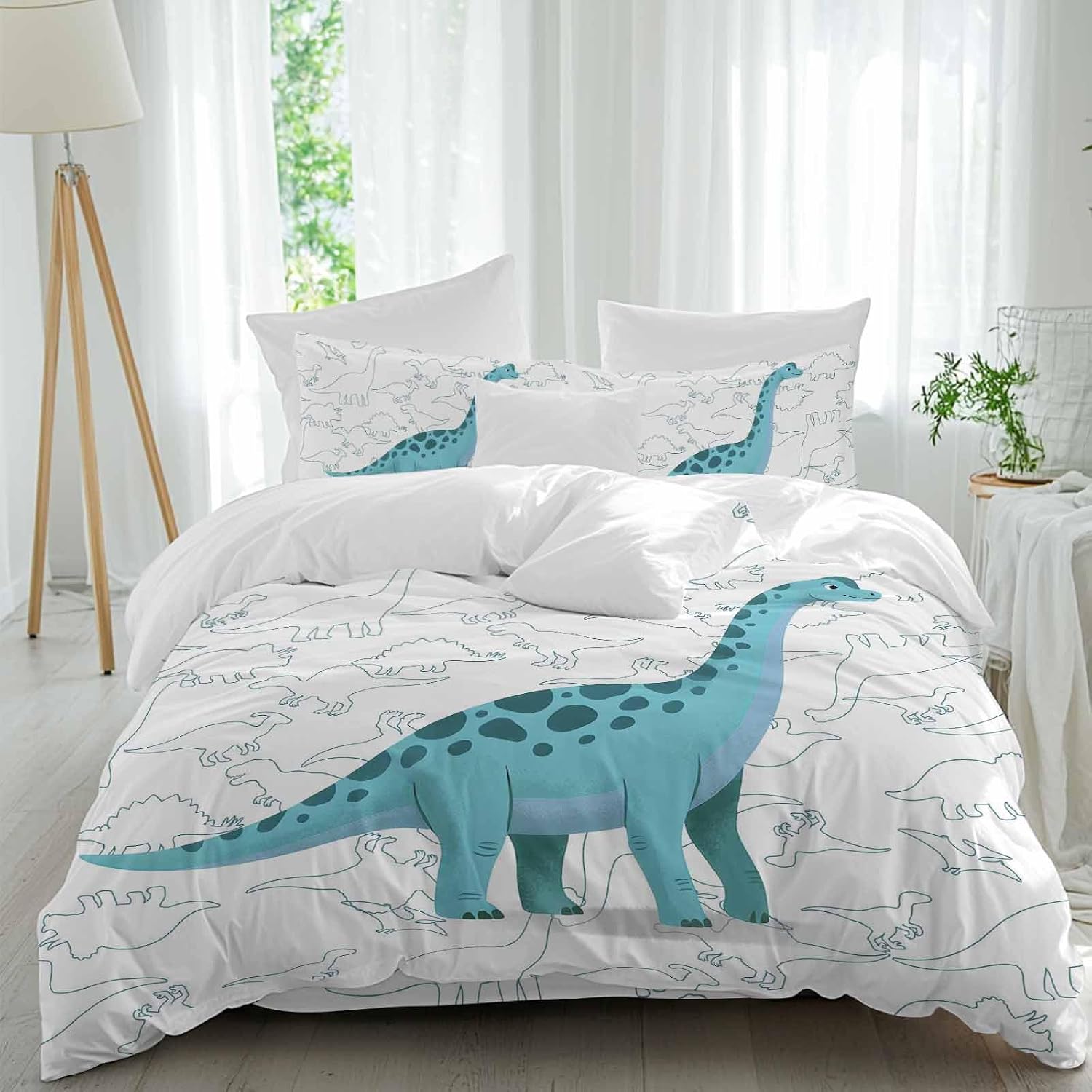 Prime Leader Green Dinosaur Duvet Cover Set Queen Size 4 Pieces Sketching Edges Dinosaur Cartoon Animal Bedding Set with Zipper Closure, 1 Comforter Cover 86x86 Inches 1 Flat Sheet & 2 Pillow Cases