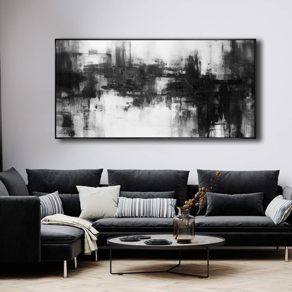 Abstract Wall Art Large Size Framed Home Artwork Decor Black and White Modern Minimalist Canvas Painting Living Room Decor for Bedroom Office Wall Decor 29'x58'