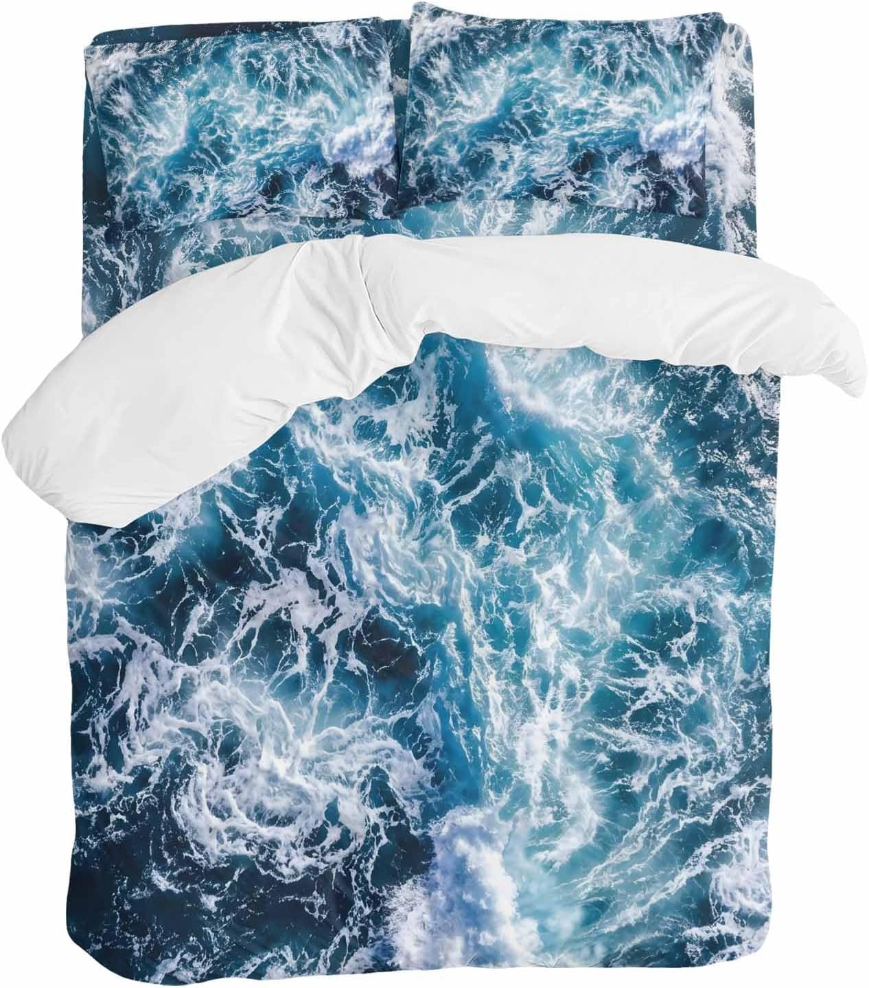 Dark Blue Ocean Scenery Duvet Cover Set Queen Size 4 Pieces Ombre Sea Waves Natural Modern Art Bedding Set with Zipper Closure, 1 Comforter Cover 86x86 Inches 1 Flat Sheet & 2 Pillow Cases