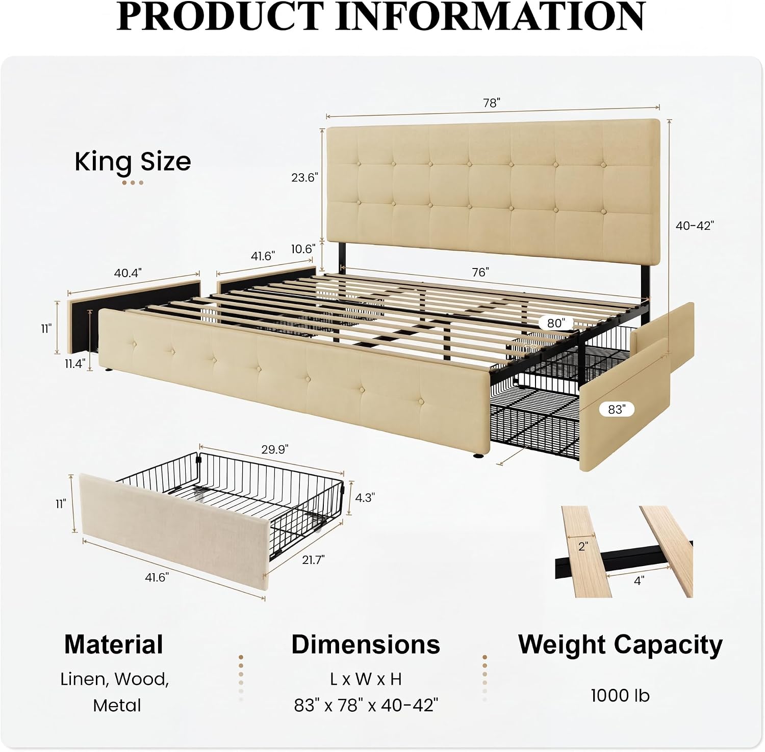 SHA CERLIN Upholstered King Size Platform Bed Frame with 4 Storage Drawers, Adjustable Headboard with Square Stitched Button Tufted Design, Wooden Slat Support, No Box Spring Needed, Beige
