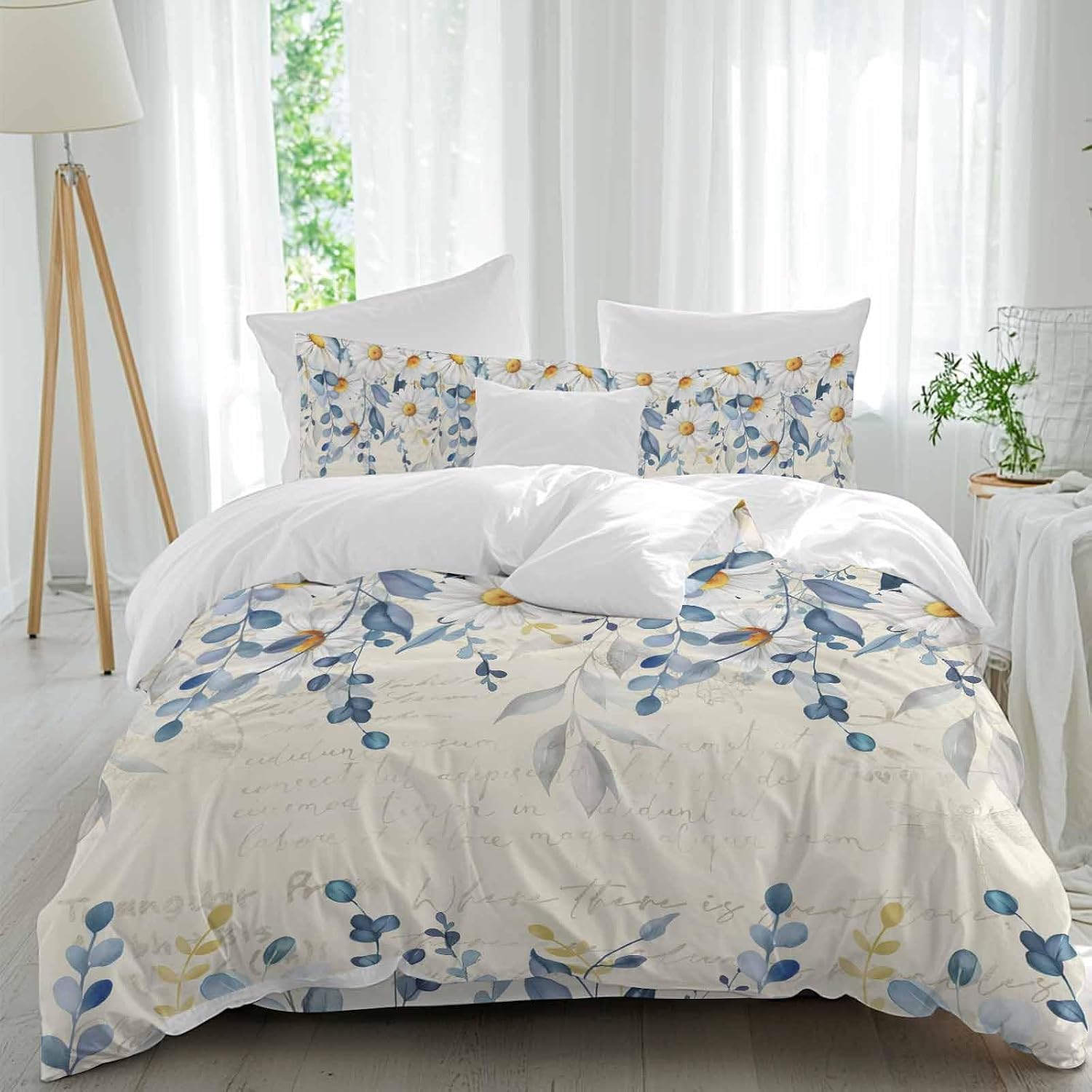 Spring Eucalyptus Leaves Duvet Cover Set Queen Size 4 Pieces Country Vintage Blue Leaf White Daisy Bedding Set with Zipper Closure, 1 Comforter Cover 90x92 Inches 1 Flat Sheet & 2 Pillow Cases