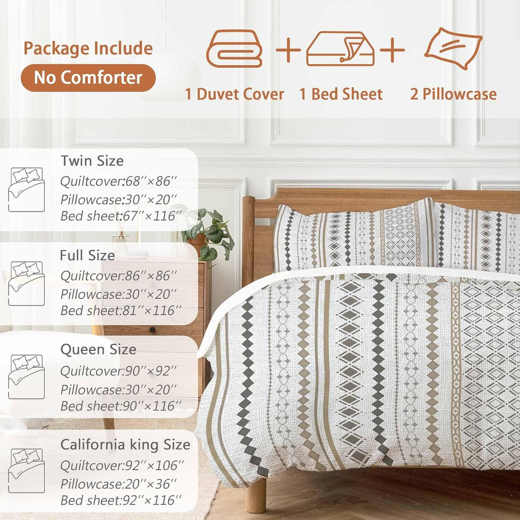 Bohemia Geometric Duvet Cover Set Queen Size 4 Pieces Brown Stripes Diamond Ethnic Linen Texture Bedding Set with Zipper Closure, 1 Comforter Cover 90x92 Inches 1 Flat Sheet & 2 Pillow Cases