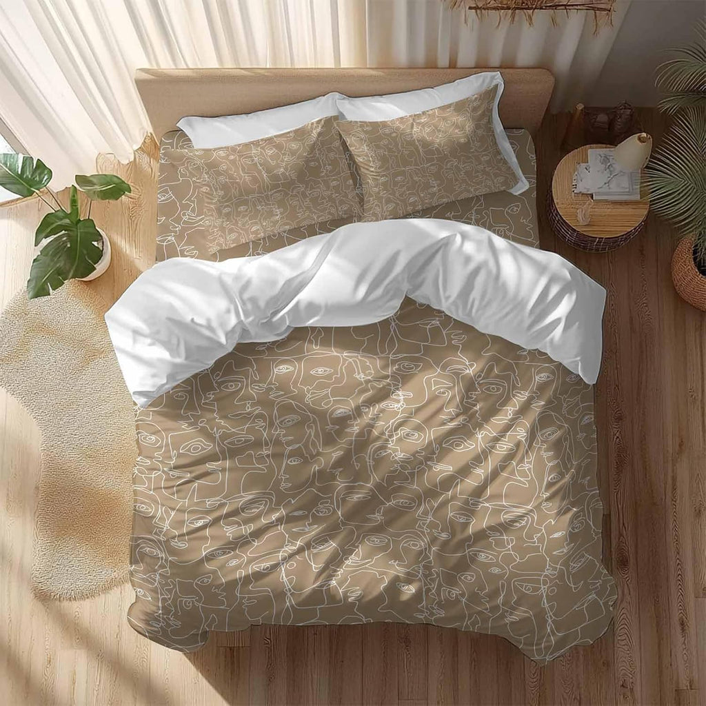 Brown Modern Art Duvet Cover Set Queen Size 4 Pieces White Abstract Line Human Face Minimalist Bedding Set with Zipper Closure, 1 Comforter Cover 86x86 Inches 1 Flat Sheet & 2 Pillow Cases
