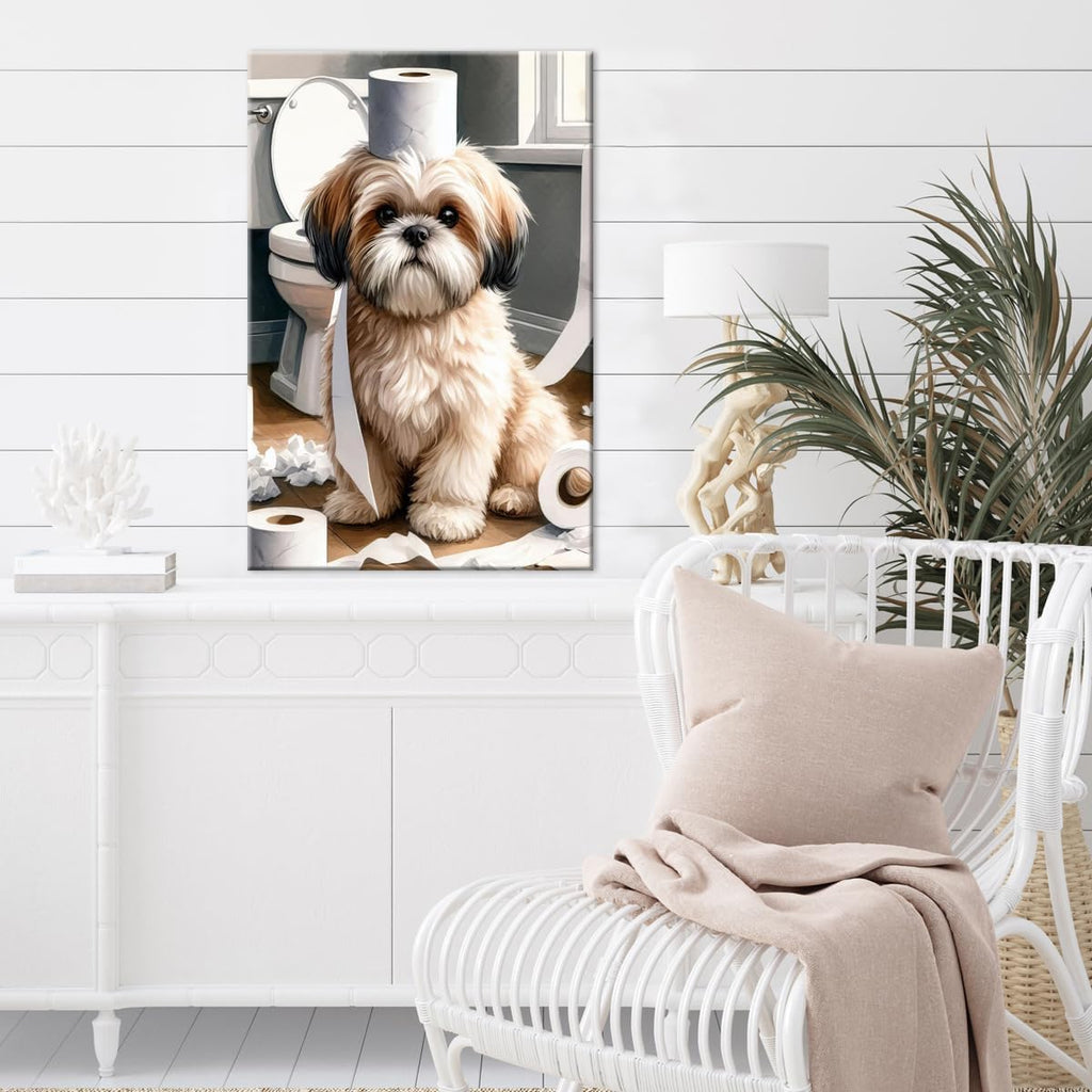 Funny Shih Tzu Toilet Paper Whimsy Cute Animal Bathroom Canvas Wall Art Humor Dog Print Painting for Modern Home Decor Kid Bathrooms Toilet Decoration 20x30in Framed