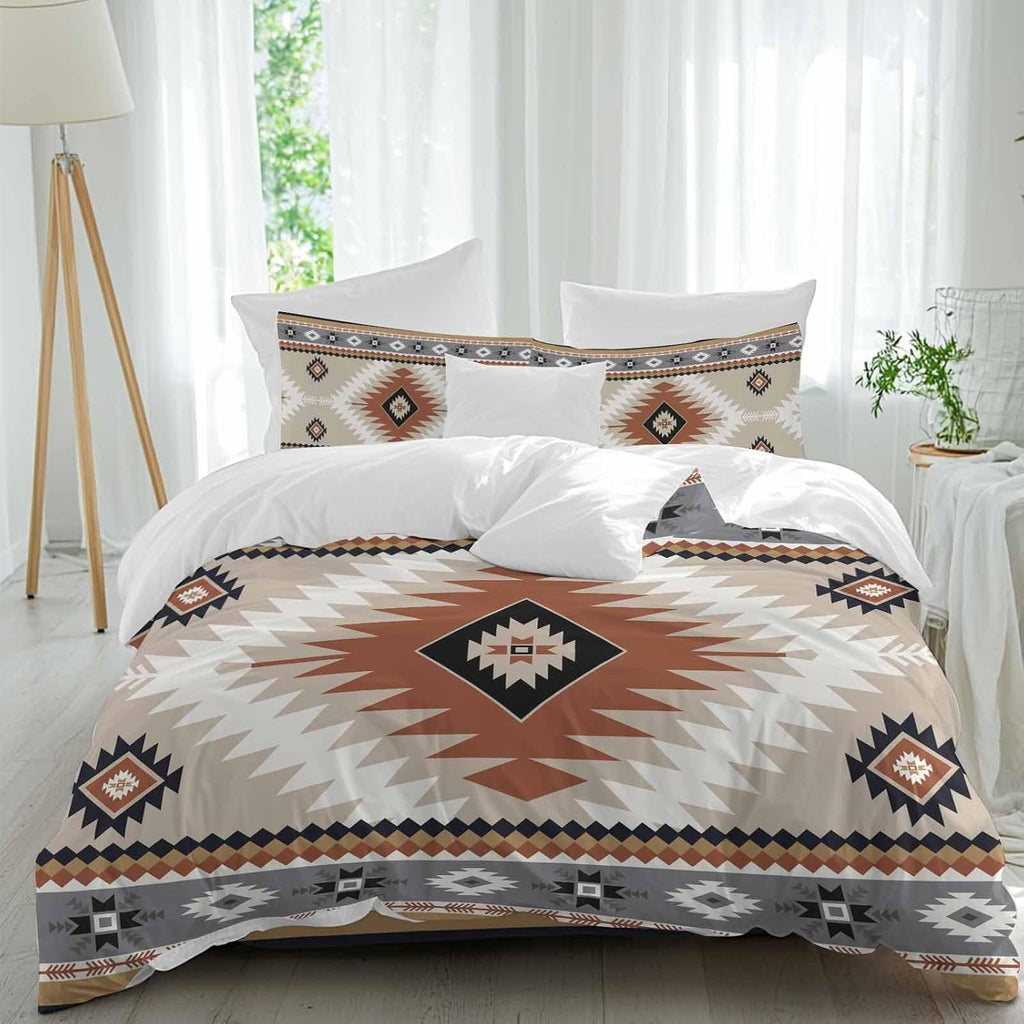 Aztec Southwestern Duvet Cover Set Queen Size 4 Pieces Ethnic Tribal Style Geometric Orange Khaki Bedding Set with Zipper Closure, 1 Comforter Cover 90x92 Inches 1 Flat Sheet & 2 Pillow Cases