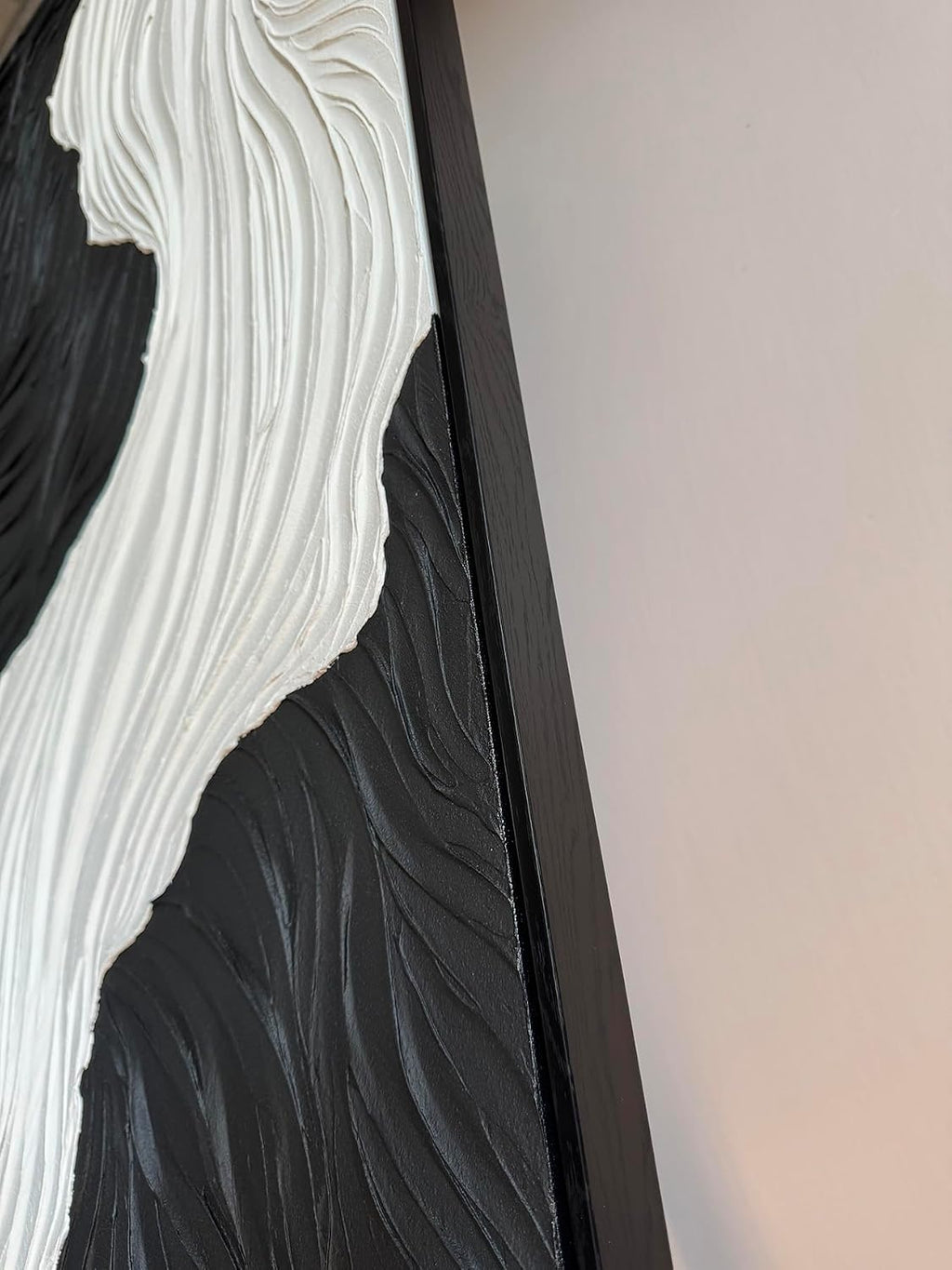 Boiee Art,24x36Inch Handmade Abstract Ocean Wave Art on Canvas Minimalist Black White Oil Painting Vertical Modern Black Framed Artwork