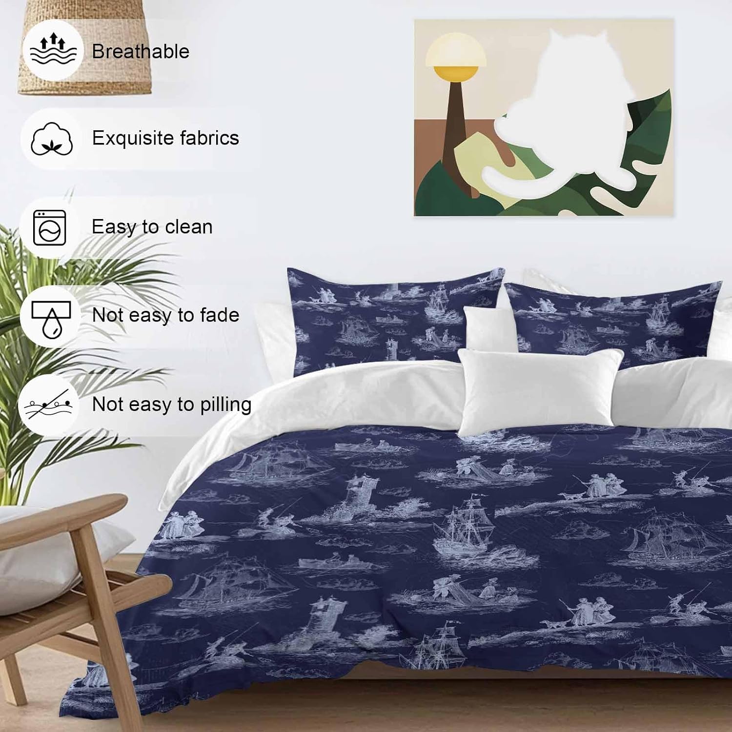Vintage Farmhouse Ocean Duvet Cover Set Queen Size 4 Pieces Country Nautical Blue Sea Ships Castles Map Bedding Set with Zipper Closure, 1 Comforter Cover 92x106 Inches 1 Flat Sheet & 2 Pillow Cases