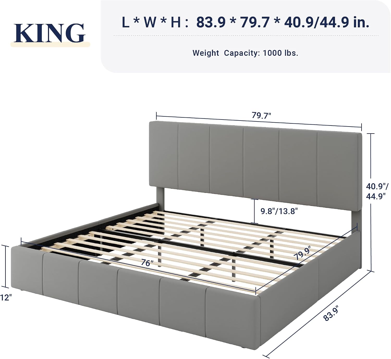 Allewie King Size Dutch Velvet Upholstered Platform Bed Frame/Vertical Channel Tufted Adjustable Headboard/Low Profile Bed Frame/No Box Spring Needed/Easy Assembly/Grey