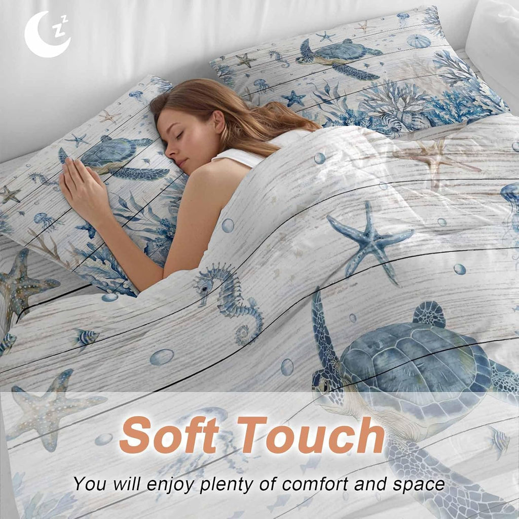 Marine Life Duvet Cover Set Queen Size 4 Pieces Ocean Turtle Coral Starfish Seashell Coastal Wood Grain Bedding Set with Zipper Closure, 1 Comforter Cover 90x92 Inches 1 Flat Sheet & 2 Pillow Cases