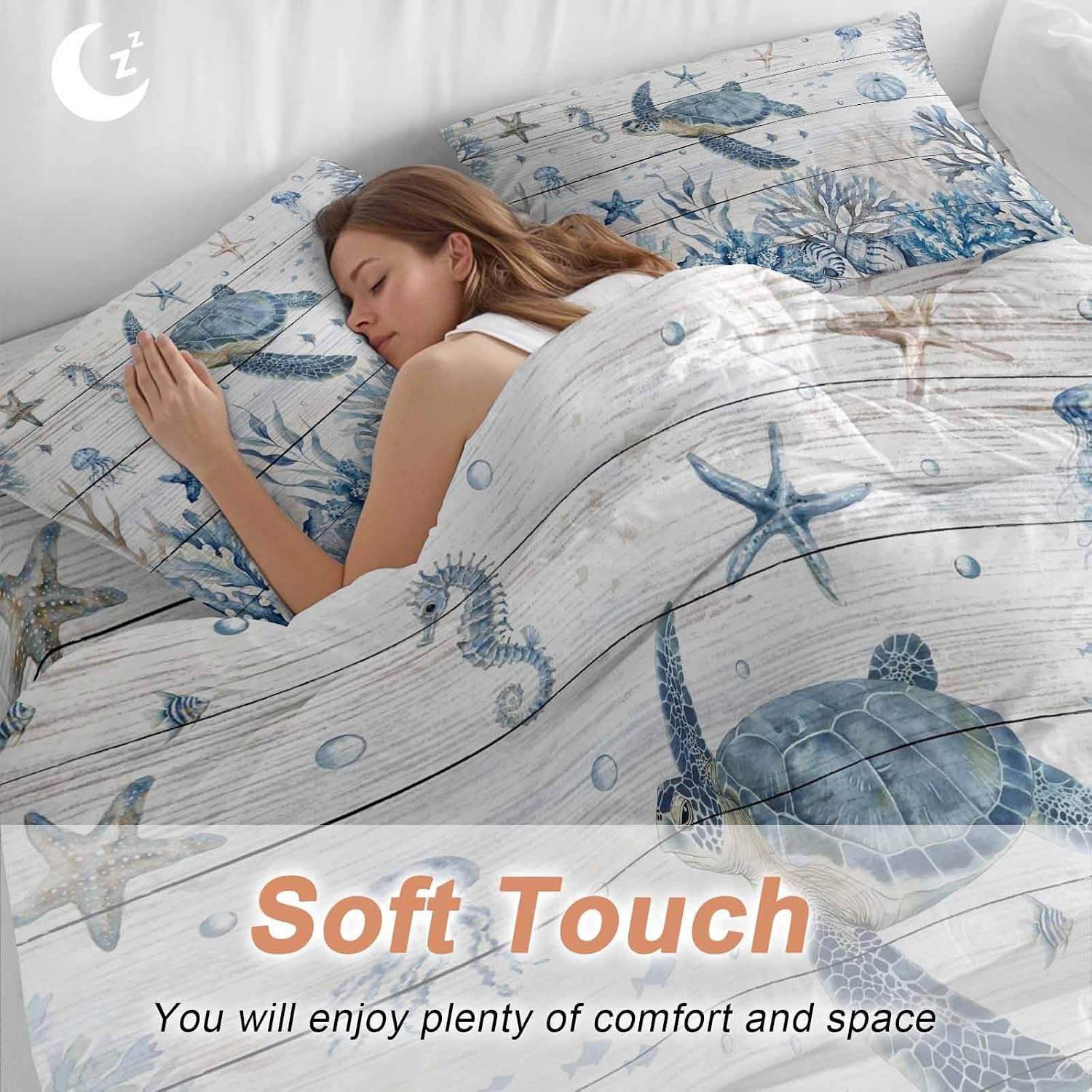 Marine Life Duvet Cover Set Queen Size 4 Pieces Ocean Turtle Coral Starfish Seashell Coastal Wood Grain Bedding Set with Zipper Closure, 1 Comforter Cover 90x92 Inches 1 Flat Sheet & 2 Pillow Cases