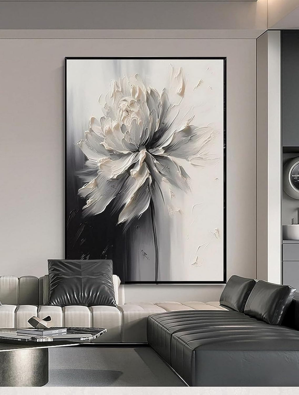 Hand Painted White And Black Flower Canvas Wall Art for Living Room,Large Framed Floral Oil Painting for Bedroom, Modern 3D Floral Artwork Wall Decor for Office Home Decor 28' x 40'