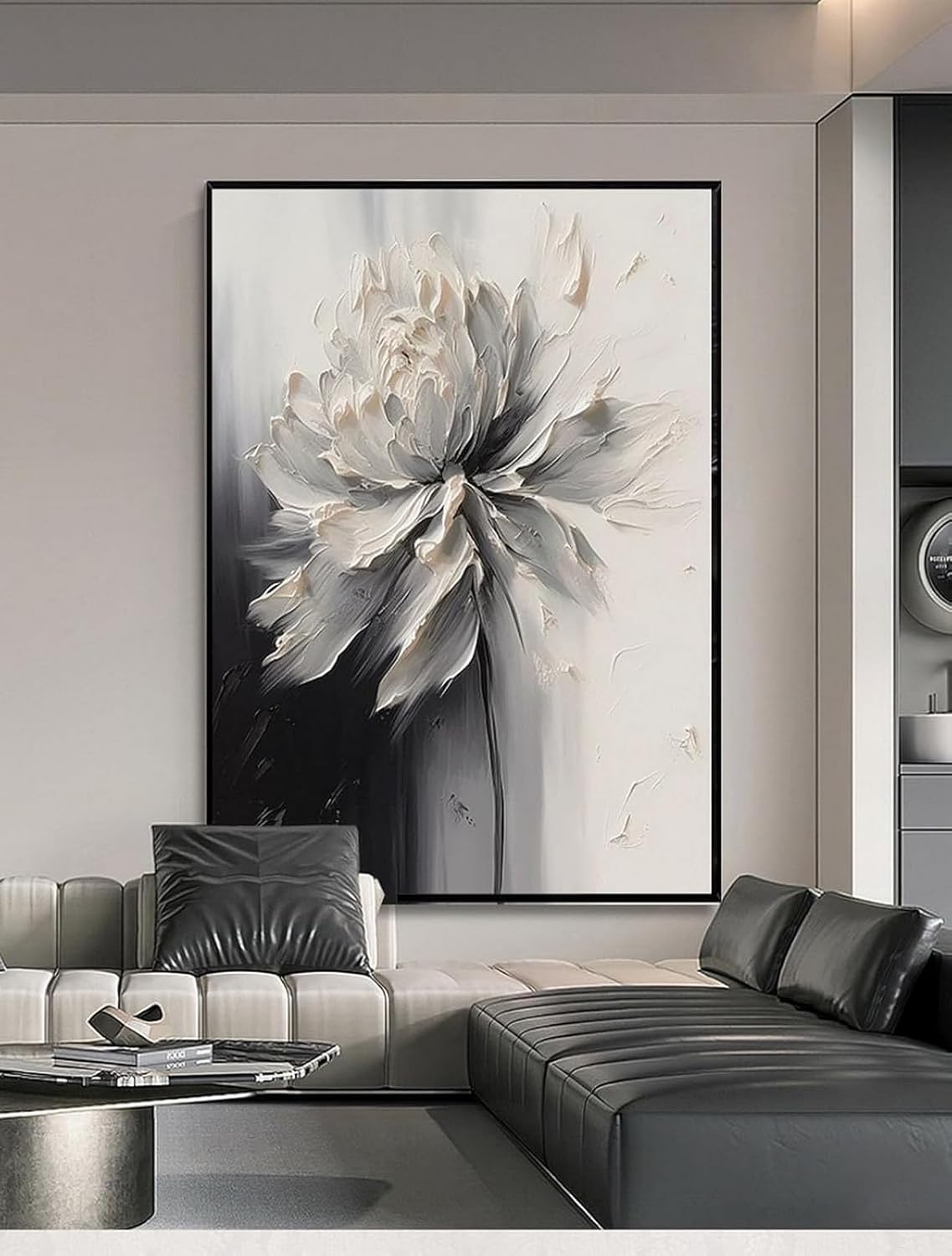 Hand Painted White And Black Flower Canvas Wall Art for Living Room,Large Framed Floral Oil Painting for Bedroom, Modern 3D Floral Artwork Wall Decor for Office Home Decor 28' x 40'