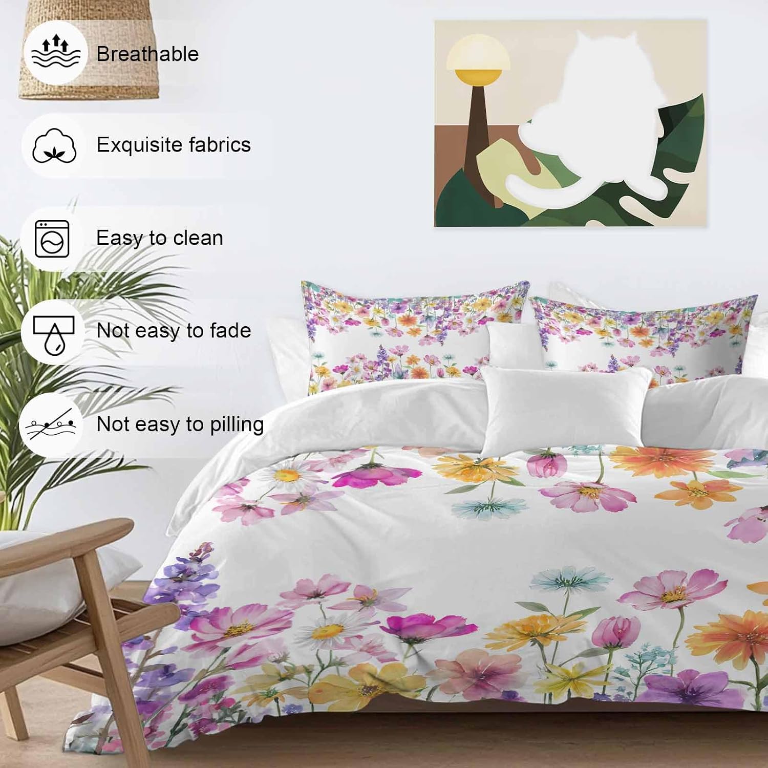 Spring Floral Duvet Cover Set Queen Size 4 Pieces Romantic Colorful Flowers Watercolor Country Leaf Bedding Set with Zipper Closure, 1 Comforter Cover 86x86 Inches 1 Flat Sheet & 2 Pillow Cases