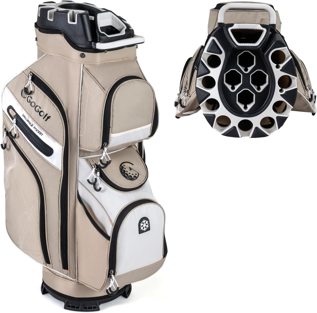 Goplus Lightweight Golf Cart Bag, Molded Lock Top Golf Club Bag w/14-Way Full Length Organizer Dividers, 11 Pockets, Cooler Bag, Straps, Umbrella Holder & Rain Hood for Men Women