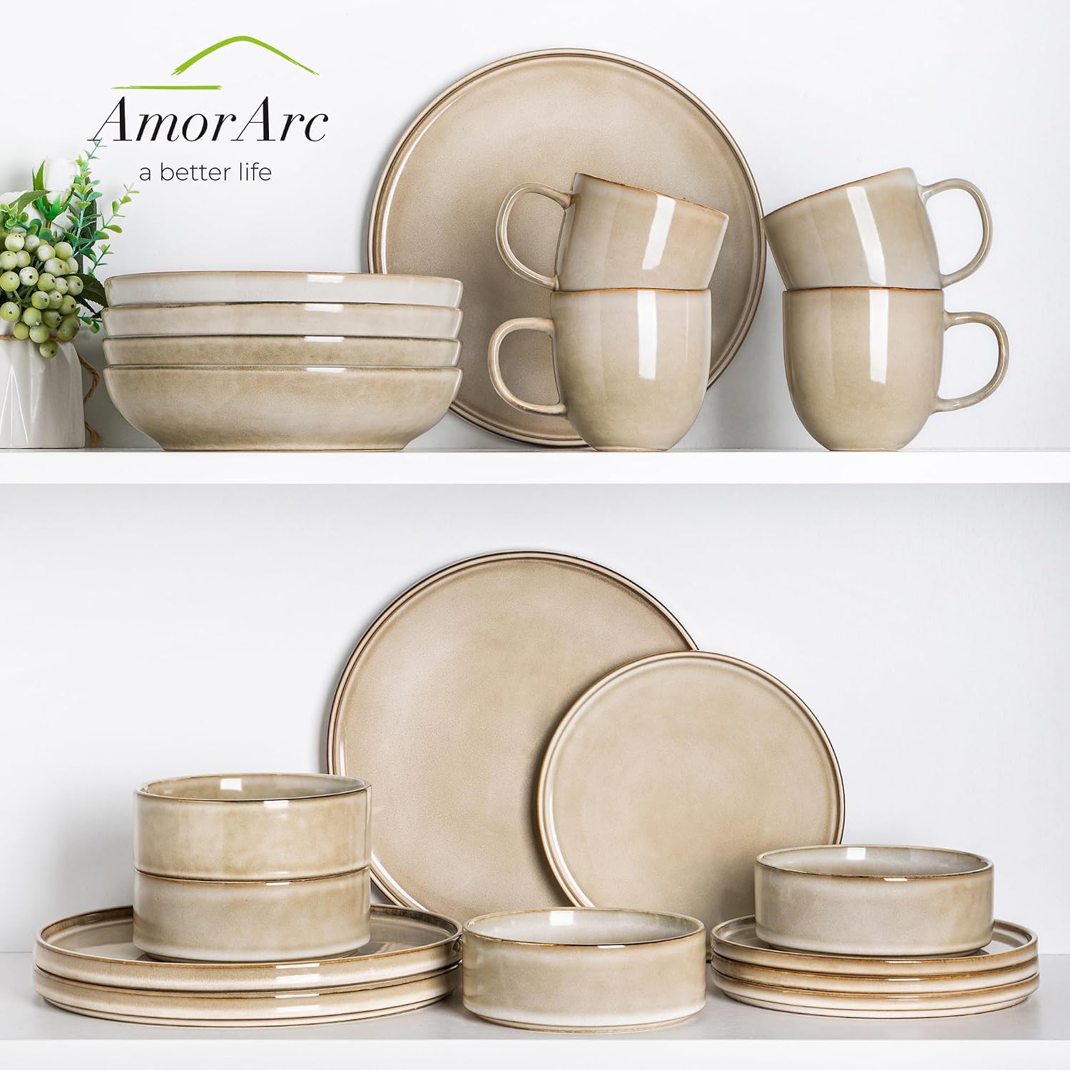 AmorArc Ceramic Dinnerware Sets, Handmade Reactive Glaze Stoneware Plates and Bowls Sets,Highly Chip and Crack Resistant | Dishwasher & Microwave Safe Dishes Set, Service for 8 (24pc)