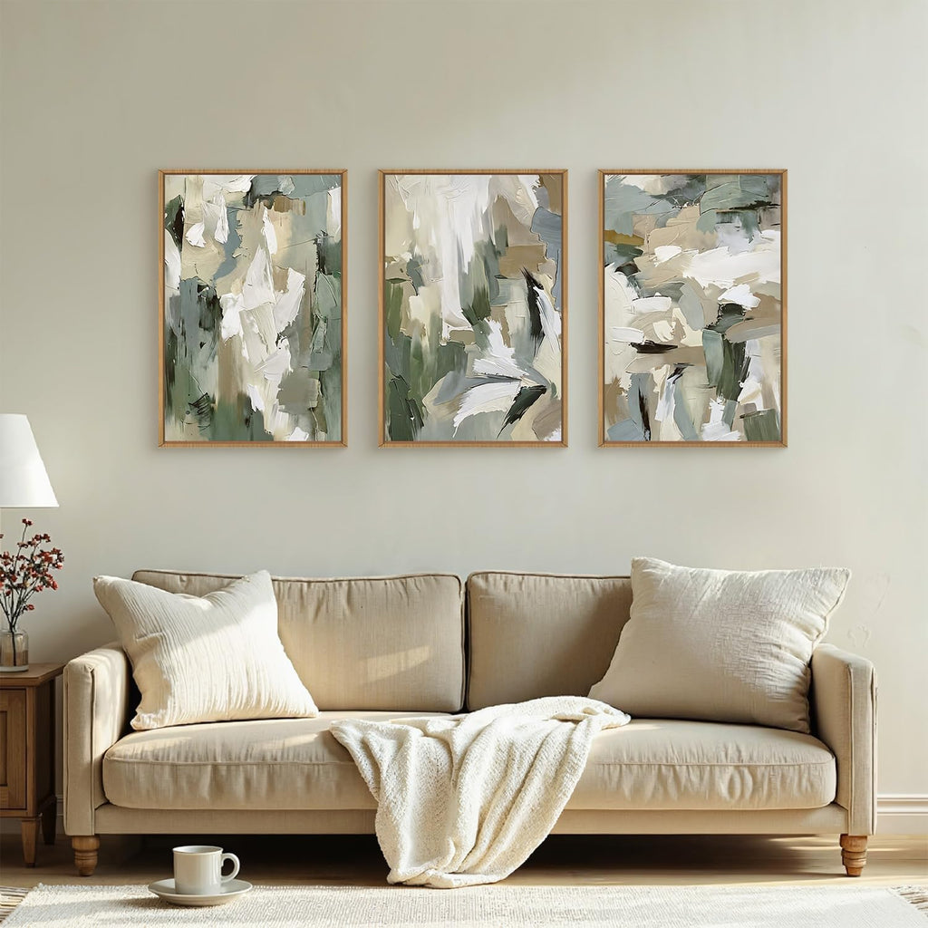 Large Abstract Green Beige Framed Canvas Wall Art Set,Neutral Brush Stroke Watercolor Wall Painting,Modern Minimalist Artwork for Living Room,Bedroom,Dining Room,Office -24'x36'x3