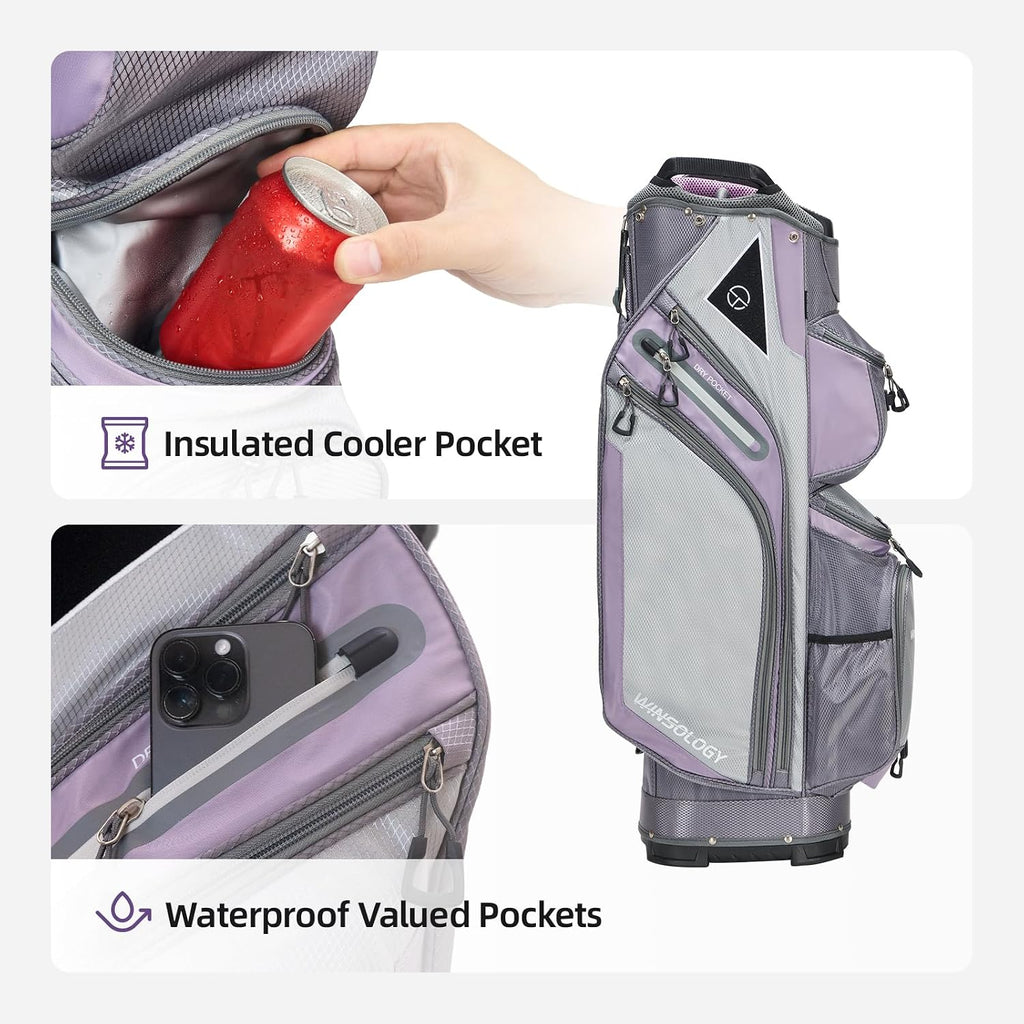 Max Lightweight Golf Cart Bag with Dual Handles and 14 Way Individual Full Length Dividers, Golf Club Bag with 11 Pockets, Large Putter Well, Double Strap Cooler for Men & Women