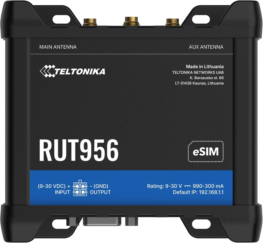 Teltonika RUT956 RUT956A30A00 Industrial 4G LTE Cellular Router, Dual SIM with eSIM, Wi-Fi & Ethernet, RS232/RS485, GNSS, Compatible with AT&T, Verizon & T-Mobile, North America Version