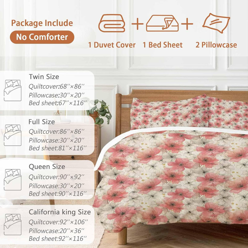 Spring Florals Duvet Cover Set Queen Size 4 Pieces Red White Floral Vintage Water Ink Painting Bedding Set with Zipper Closure, 1 Comforter Cover 90x92 Inches 1 Flat Sheet & 2 Pillow Cases