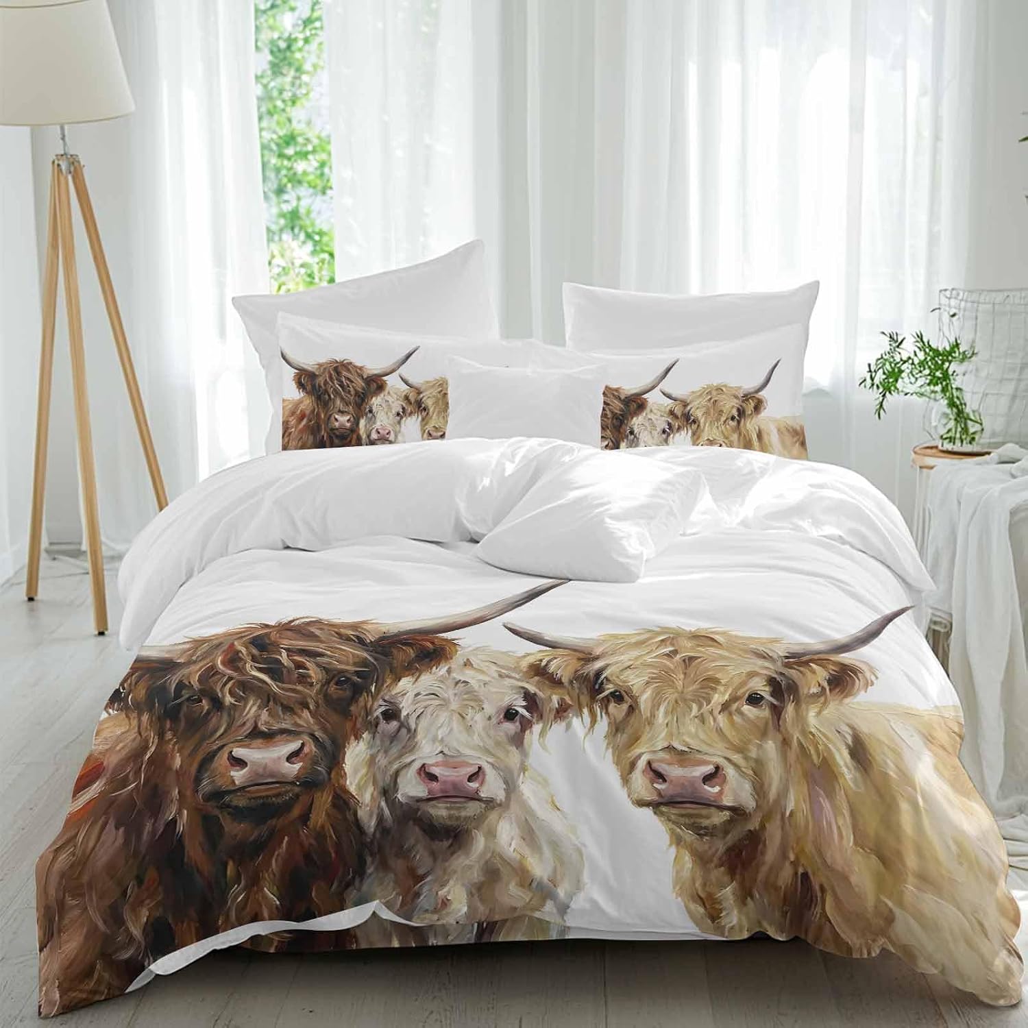 Farm Highland Cattles Duvet Cover Set Queen Size 4 Pieces Farmhouse Brown Cow Rustic Country Bedding Set with Zipper Closure, 1 Comforter Cover 92x106 Inches 1 Flat Sheet & 2 Pillow Cases