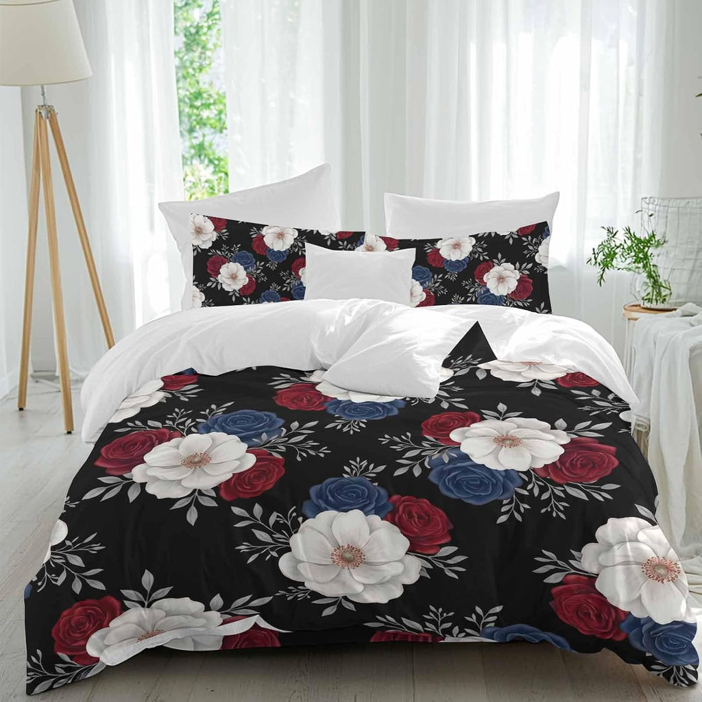 Prime Leader Independence Day Duvet Cover Set Queen Size 4 Pieces Red Blue White Roses Floral Leaf Black Bedding Set with Zipper Closure, 1 Comforter Cover 90x92 Inches 1 Flat Sheet & 2 Pillow Cases